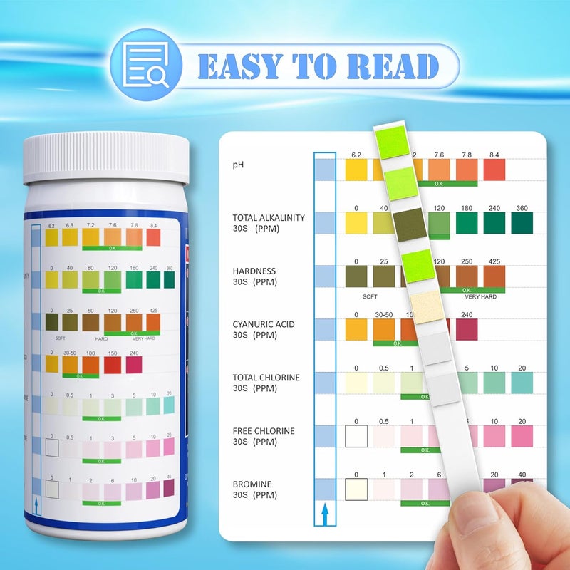 LabBestest شرائط اختبار حوض السباحة والسبا - 125 شريط اختبار لحوض السباحة - مجموعة اختبار مياه حوض السباحة - اختبار سريع دقيق وسهل لقياس pH، الصلابة، حمض السيانوريك، الكلور، البروم، والمزيد (7 طرق) - Image 4
